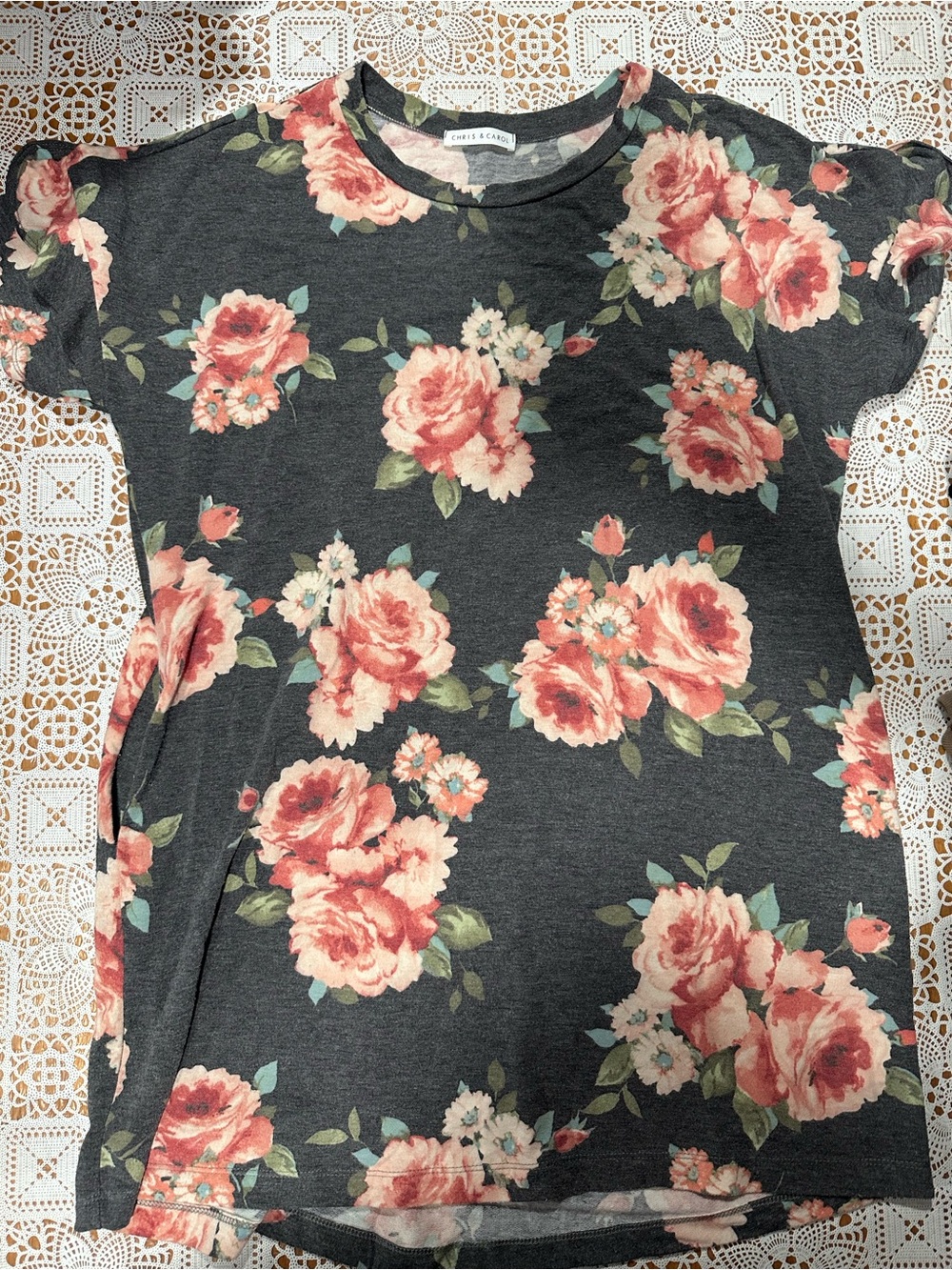 Chris & Carol Large Charcoal Floral Tunic Top Roses Pockets Made in USA